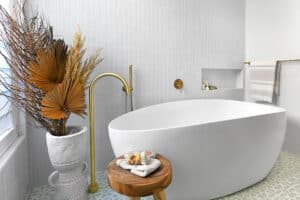 freestanding bath brass tapware coastal luxe highgrove bathrooms tilecloud albert park tiles palm beach sage green encaustic look