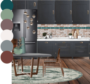 Moody interior colour palette kitchen dark brick green rug grey cabinets