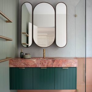 Just In Place Custom Poly Bathroom Vanity Green with Stone Top