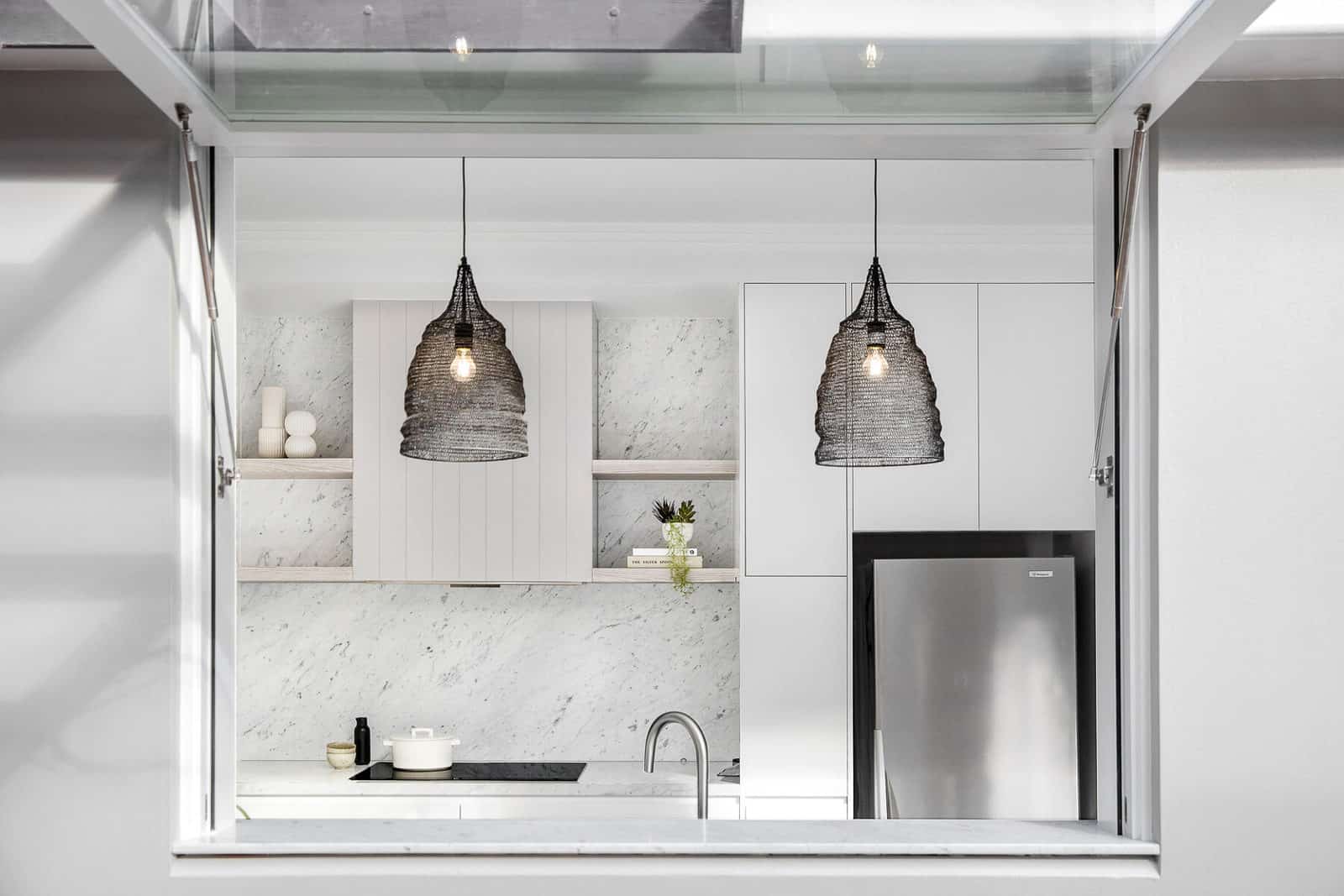 Blakes Of Sydney Custom Joinery White Kitchen Pendant Light Awning Window Servery